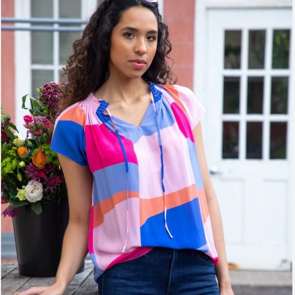Rungolee Louise Patchwork Silk Blouse Short Sleeve Smocked Tie Neck Pink XS